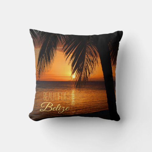 Belize Tropical Palm Tree Sunset Beach Scene Throw Pillow