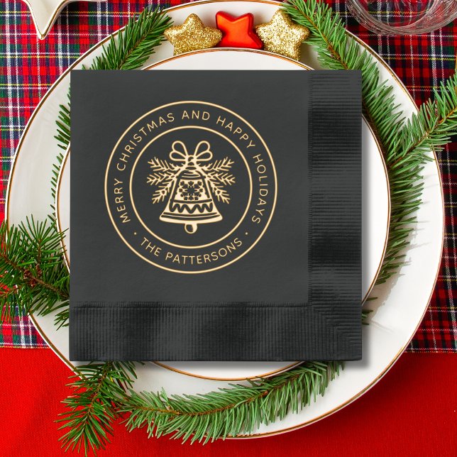 Bell Merry Christmas Happy Holidays Personalized Foil Napkins (Creator Uploaded)