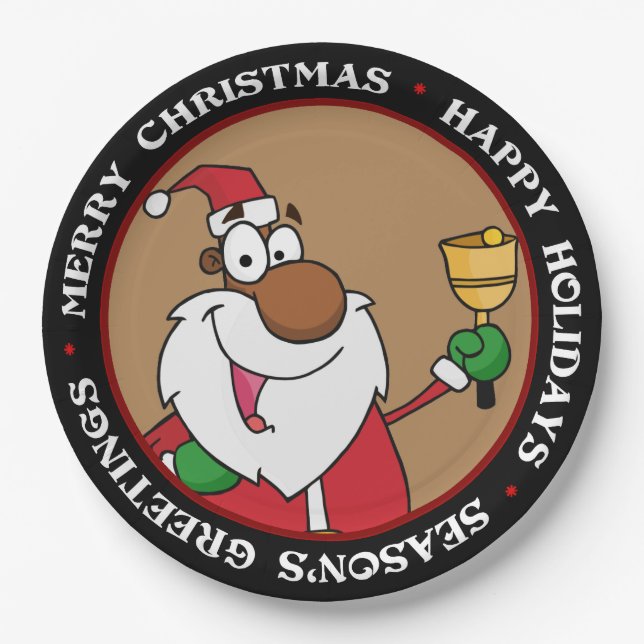 Bell Ringing Black Santa Claus Paper Plates (Front)