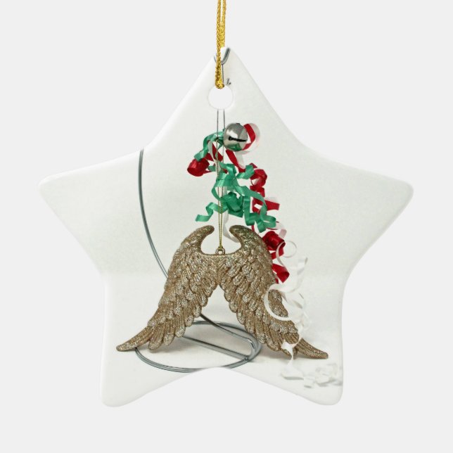 Bell Rings, An Angel Gets Her Wings Gold Feathers Ceramic Ornament (Front)