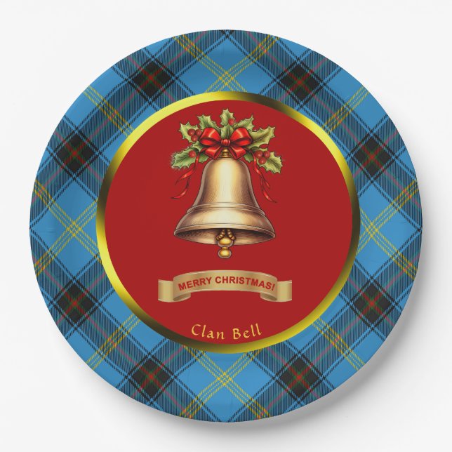 Bell Tartan Personalized Christmas Paper Plates (Front)