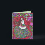Bella 4 - To My Beautiful Daughter Birthday Card<br><div class="desc">The happy young lady against the red field. She has long dark hair and a colorful skirt. The border is made of bright flowers. See this design on different products in this shop,  TheCheerfulMailbox.</div>