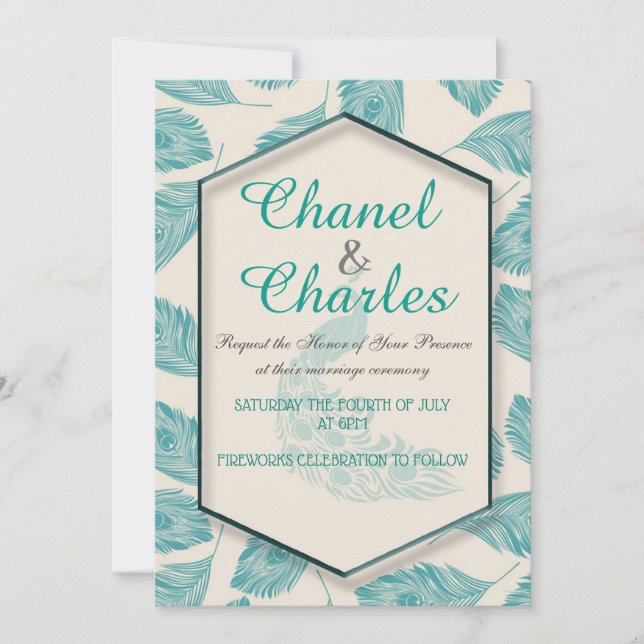 Bella Blue Peacock Geometric Wedding Invitation (Front)