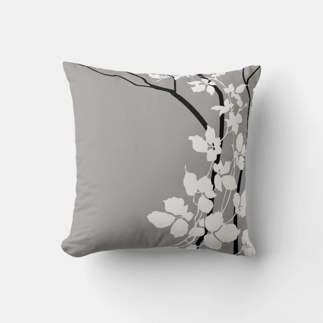 Bella Cherry Blossoms | grey gray black white Throw Pillow (Front)