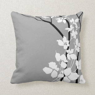 Bella Cherry Blossoms grey gray black white Throw Pillow
