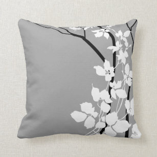 Bella Cherry Blossoms   grey gray black white Throw Pillow
