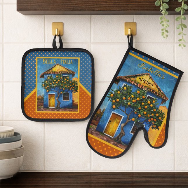 Bella Italia Mediterranean Citrus Tree Oven Mitt & Pot Holder Set (Retro oven mitt and pot holder set with a painting of a Mediterranean house with citrus tree - Italy)
