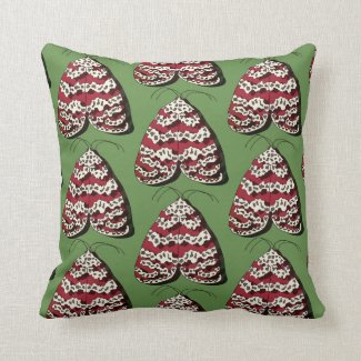 Bella Red Moths on Throw Pillow Green Background