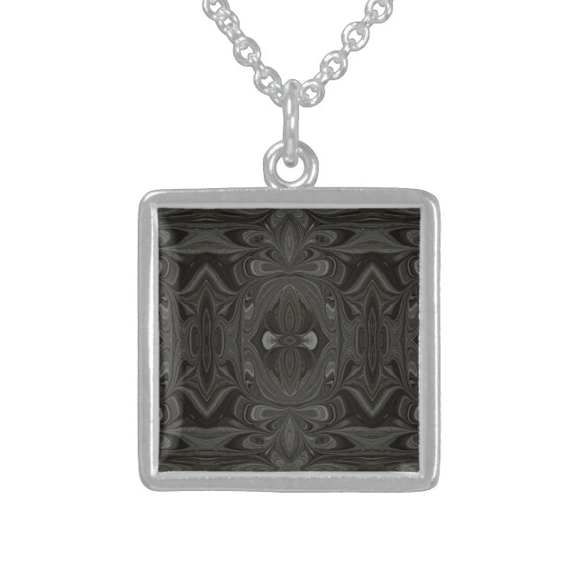 Belladonna Abstract Black and Gray Fluid Art Sterling Silver Necklace (Front)