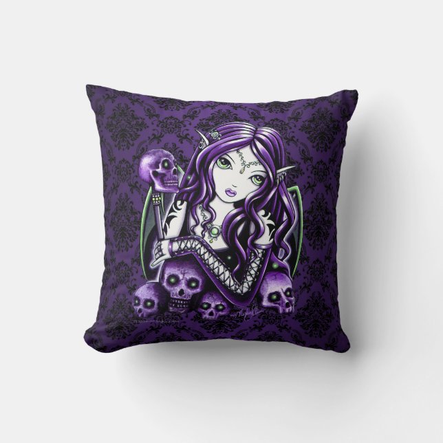 Belladonna Gothic Purple Skull Fairy Throw Pillow (Front)