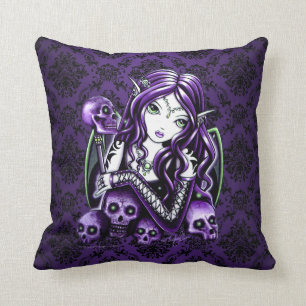 Belladonna Gothic Purple Skull Fairy Throw Pillow