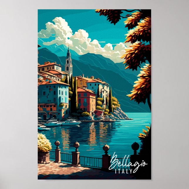 Bellagio Italy vintage travel illustration Poster (Front)