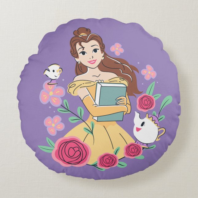 Belle & Friends Bookish Blooms Round Pillow (Front)