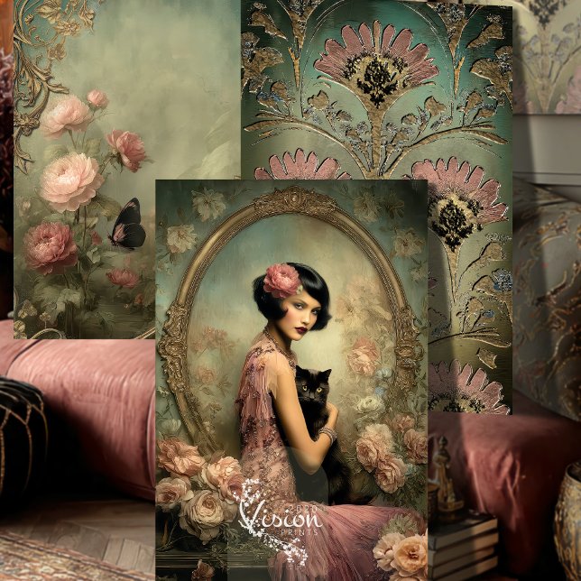Belle Noir Flapper Black Cat Art Deco Roses Wrapping Paper Sheets (Three art deco panels styled on blush pink backdrop with roses and vintage books)