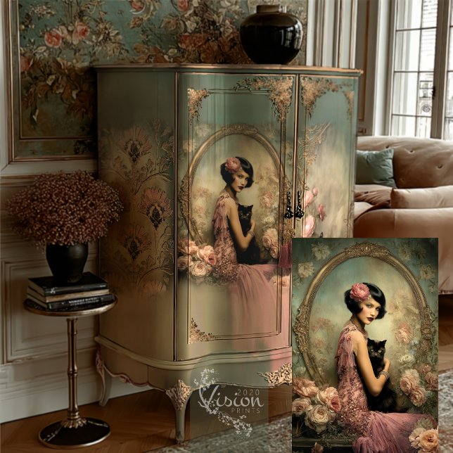  Belle Noir Flapper Pink Rose Black Cat Gold Tissue Paper (
Flapper art deco design decoupaged on French sage armoire blush living room
)