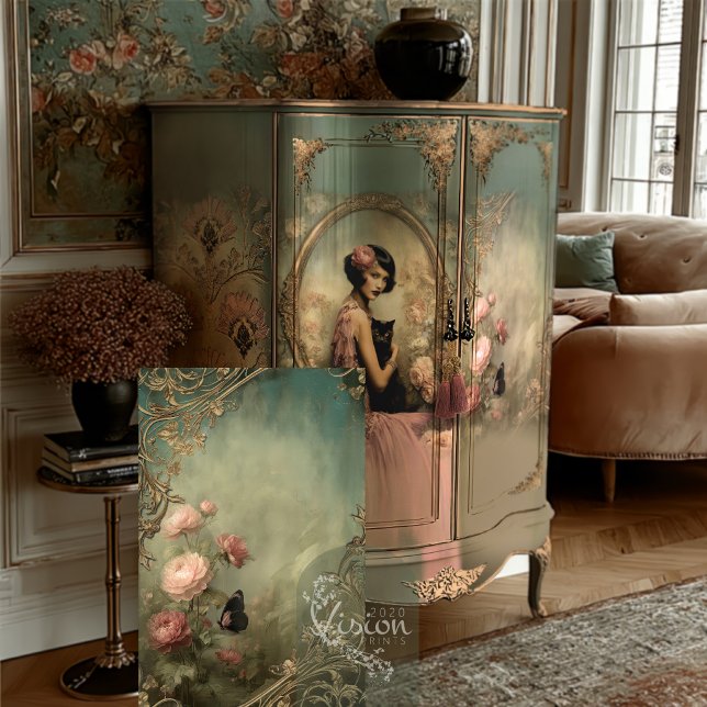 Belle Noir Gold Scroll Pink Rose Butterfly Tissue Paper (Floral scroll art panel leaning near sage armoire in blush living room setting)