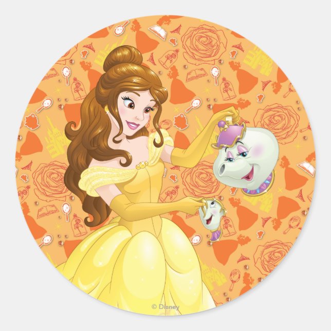 Belle with Mrs. Potts and Chip Classic Round Sticker (Front)