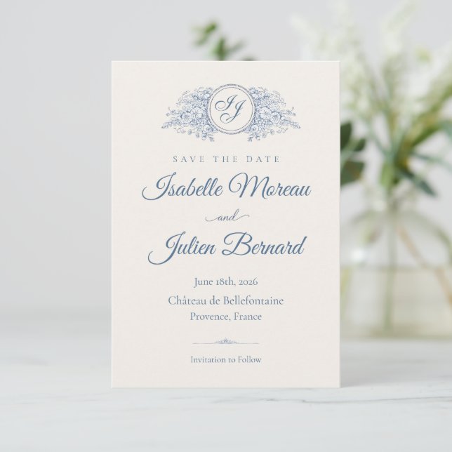 Bellefontaine — French Blue Wedding Save the Date (Standing Front)