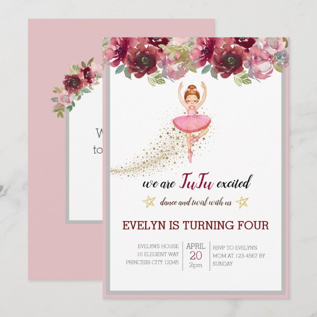 Bellerina Dancer | Pink Floral Ballet Birthday Invitation (Front/Back)