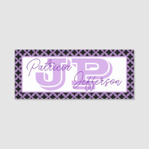 Bellflower Purple Black Mesh Border: Chic Monogram Name Tag