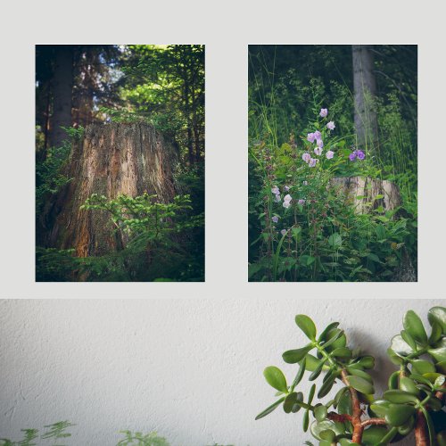 Bellflowers and a tree stump in the summer forest wall art sets
