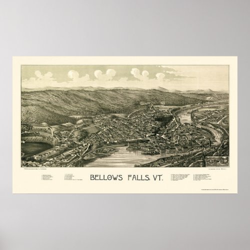 Bellows Falls VT Panoramic Map _ 1880 Poster