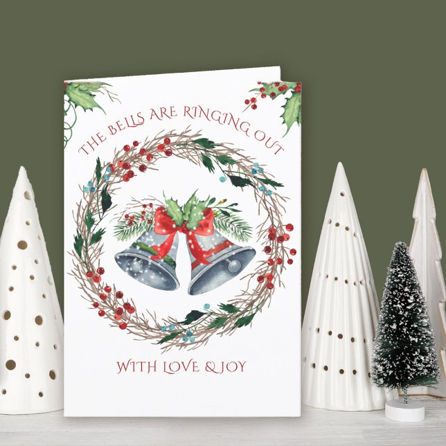 Bells are Ringing Out Holly Wreath Folded Holiday Card (Silver bells traditional Christmas Card. Buy professionally printed or as printable digital download)