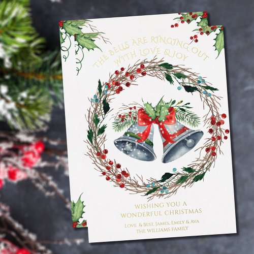 Bells are Ringing Out Holly Wreath Gold Foil Holiday Card