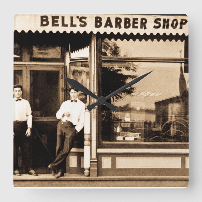 Bell's Barber Shop Vintage Americana Square Wall Clock (Front)