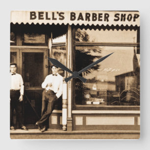 Bell's Barber Shop Vintage Americana Square Wall Clock