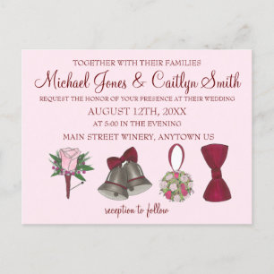 Bells Bow Bouquet Rose Bouttoniere Wedding Invitation Postcard