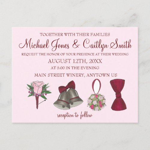 Bells Bow Bouquet Rose Bouttoniere Wedding  Invitation Postcard