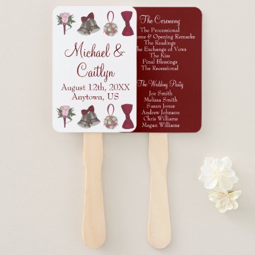 Bells Bow Flower Bouquet Burgundy Wedding Program Hand Fan