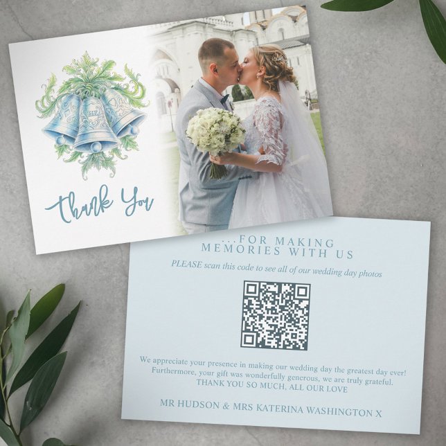 Bells green blue gray wedding photo QR Code Thank You Card (Creator Uploaded)