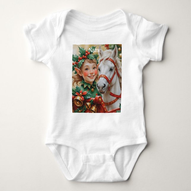 Bells Holly and Horse Christmas Elf Baby Bodysuit (Front)