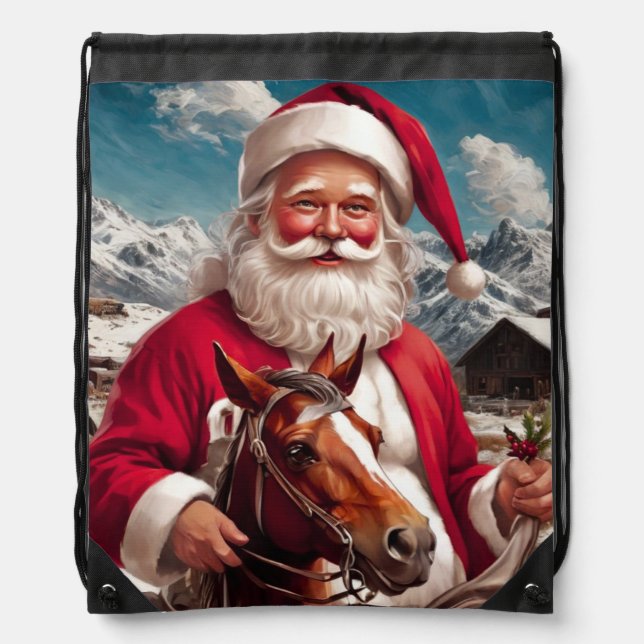 Bells Holly and Horse Christmas Elf Drawstring Bag (Front)