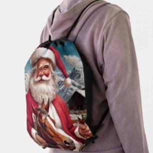 Bells Holly and Horse Christmas Elf Drawstring Bag