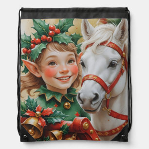 Bells Holly and Horse Christmas Elf Drawstring Bag