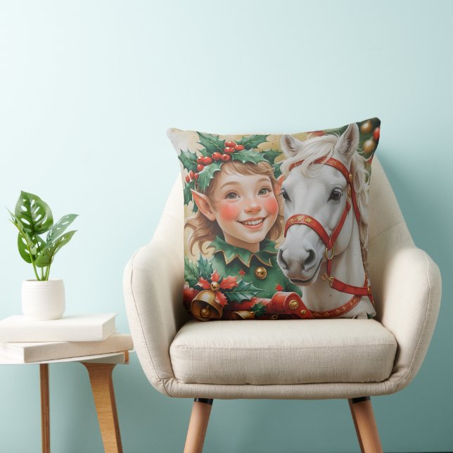 Bells Holly and Horse Christmas Elf Throw Pillow (Chair)