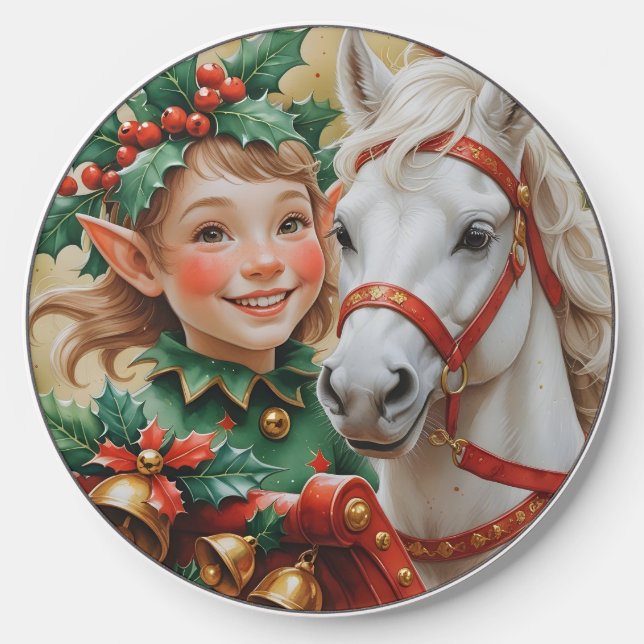 Bells Holly and Horse Christmas Elf Wireless Charger (Front)
