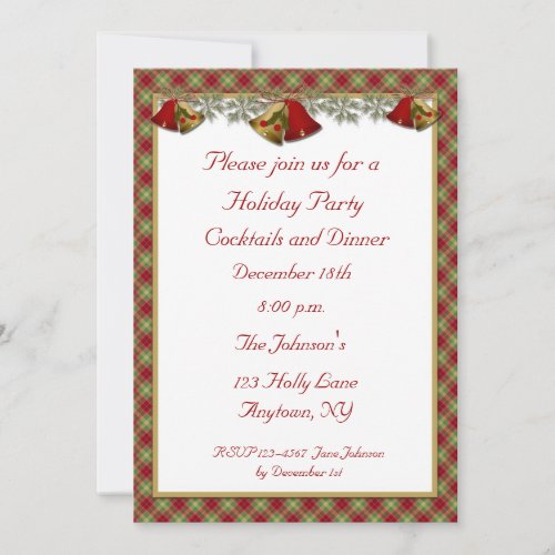 Bells Holly Plaid Holiday Party Invitation