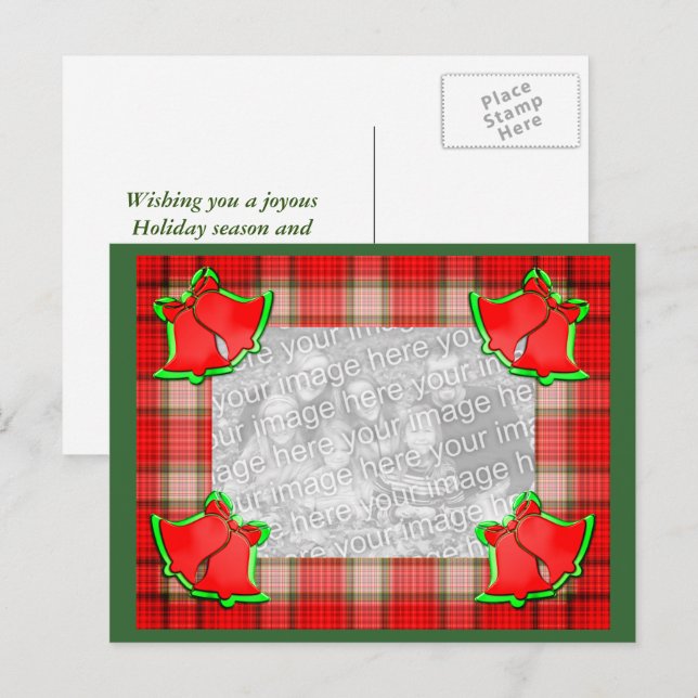 Bells Red Plaid Christmas Holiday Photo Postcard (Front/Back)