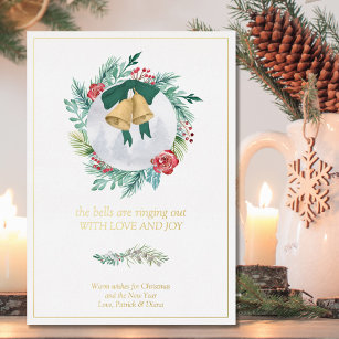 Bells Ringing Out Love and Joy Christmas Wreath Foil Holiday Card