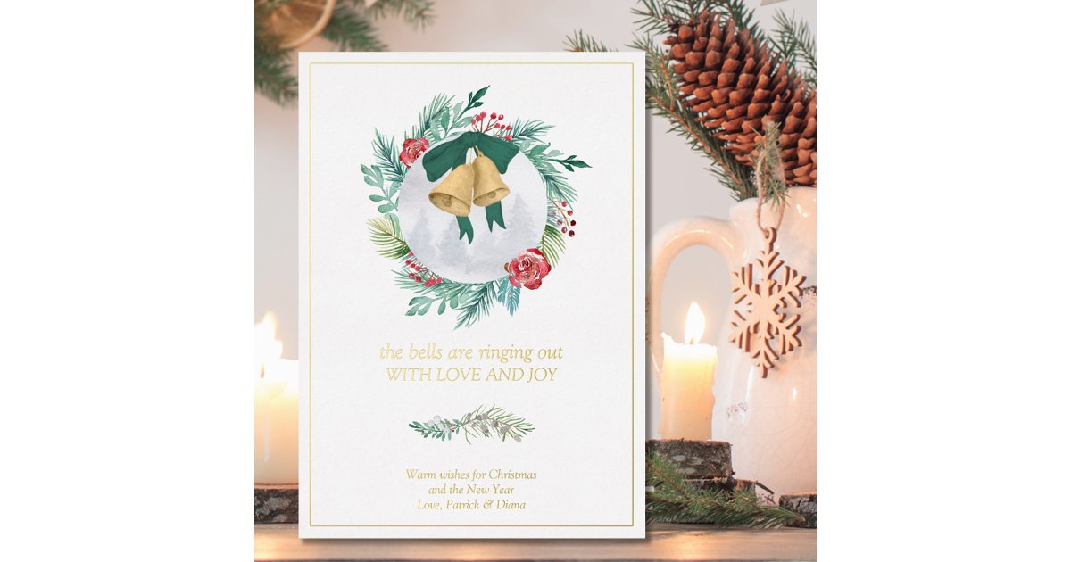 Bells Ringing Out Love and Joy Christmas Wreath Foil Holiday Card | Zazzle