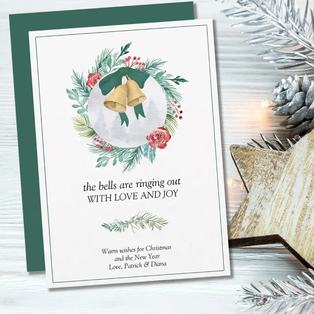 Bells Ringing Out Love and Joy Christmas Wreath Holiday Card | Zazzle