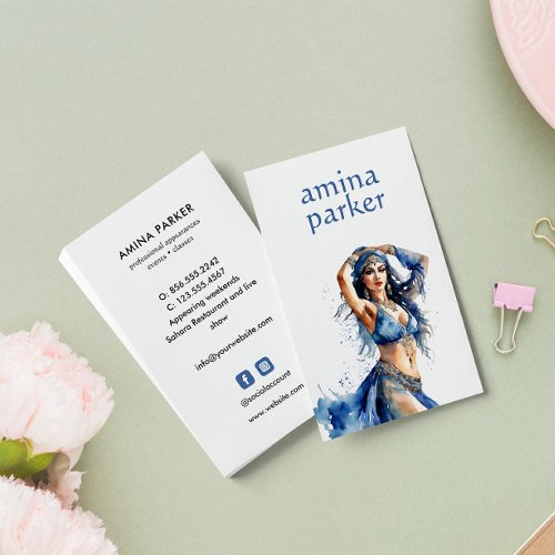 BELLY DANCER BOLLYWOOD ORIENTAL WATERCOLOR BLUE BUSINESS CARD