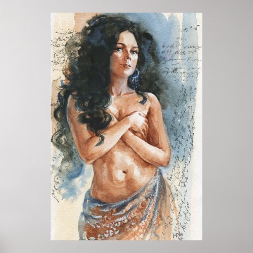 Belly dancer woman watercolor portrait poster