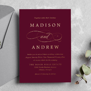 Beloved Burgundy and Gold Calligraphy Wedding Foil Invitation