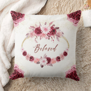 Beloved Elegant Magenta Pink Floral Gold Wreath Throw Pillow