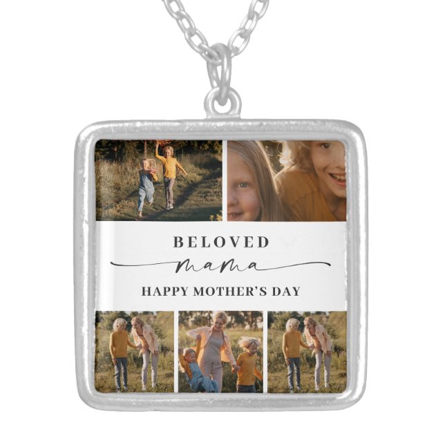 Beloved Mama Mom Happy Mother's Day Photo Collage Silver Plated Necklace (Front)